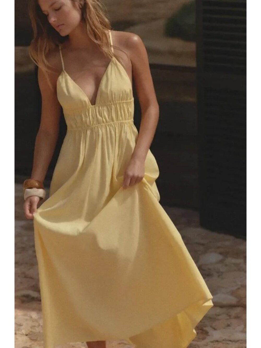 Zara Womens Sundress Midi Dress M Medium Yellow Cutout criss cross 4772/365 NWOT